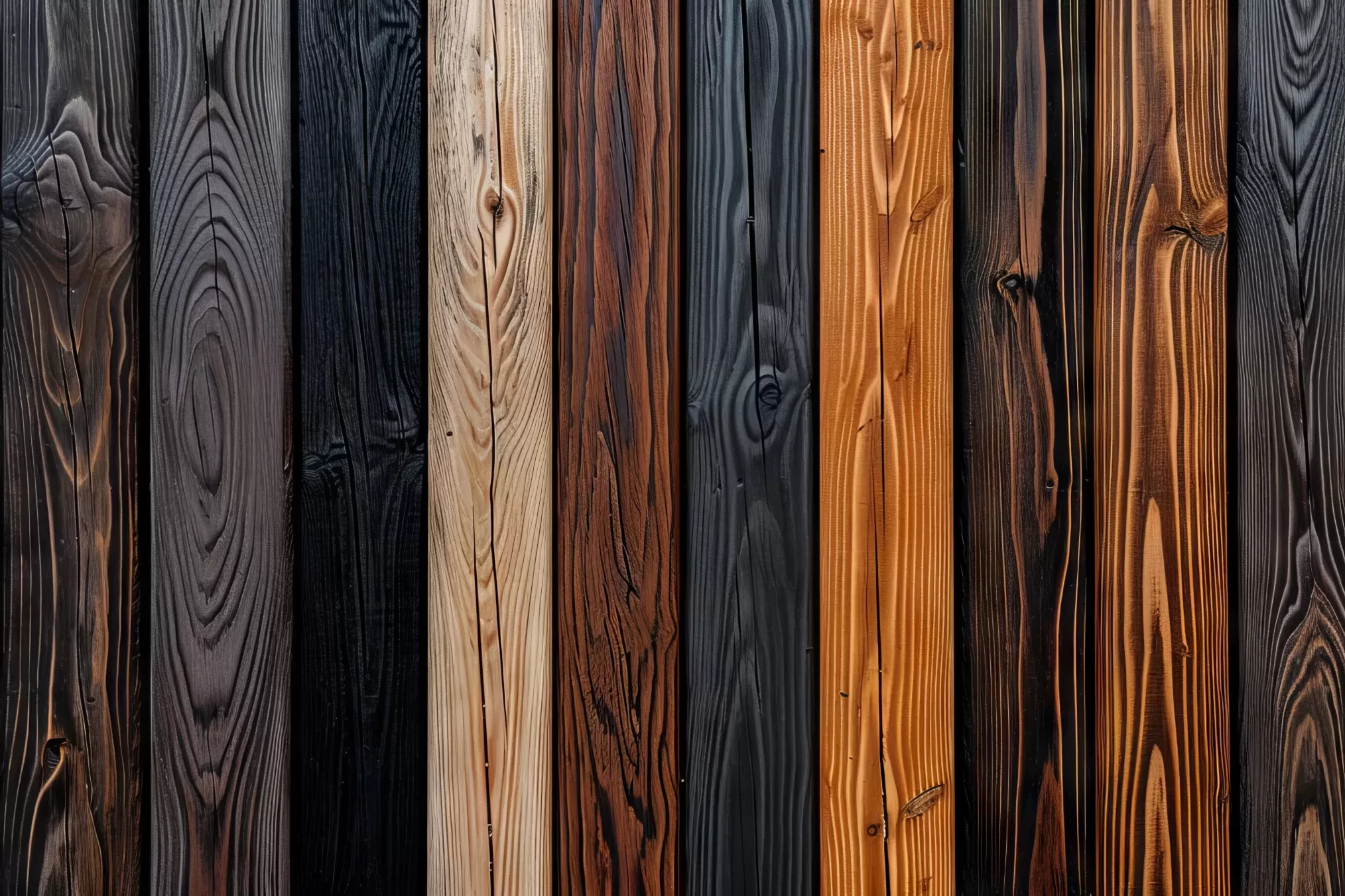 Wood boards in different shades reflecting the visual diversity of thermally modified wood