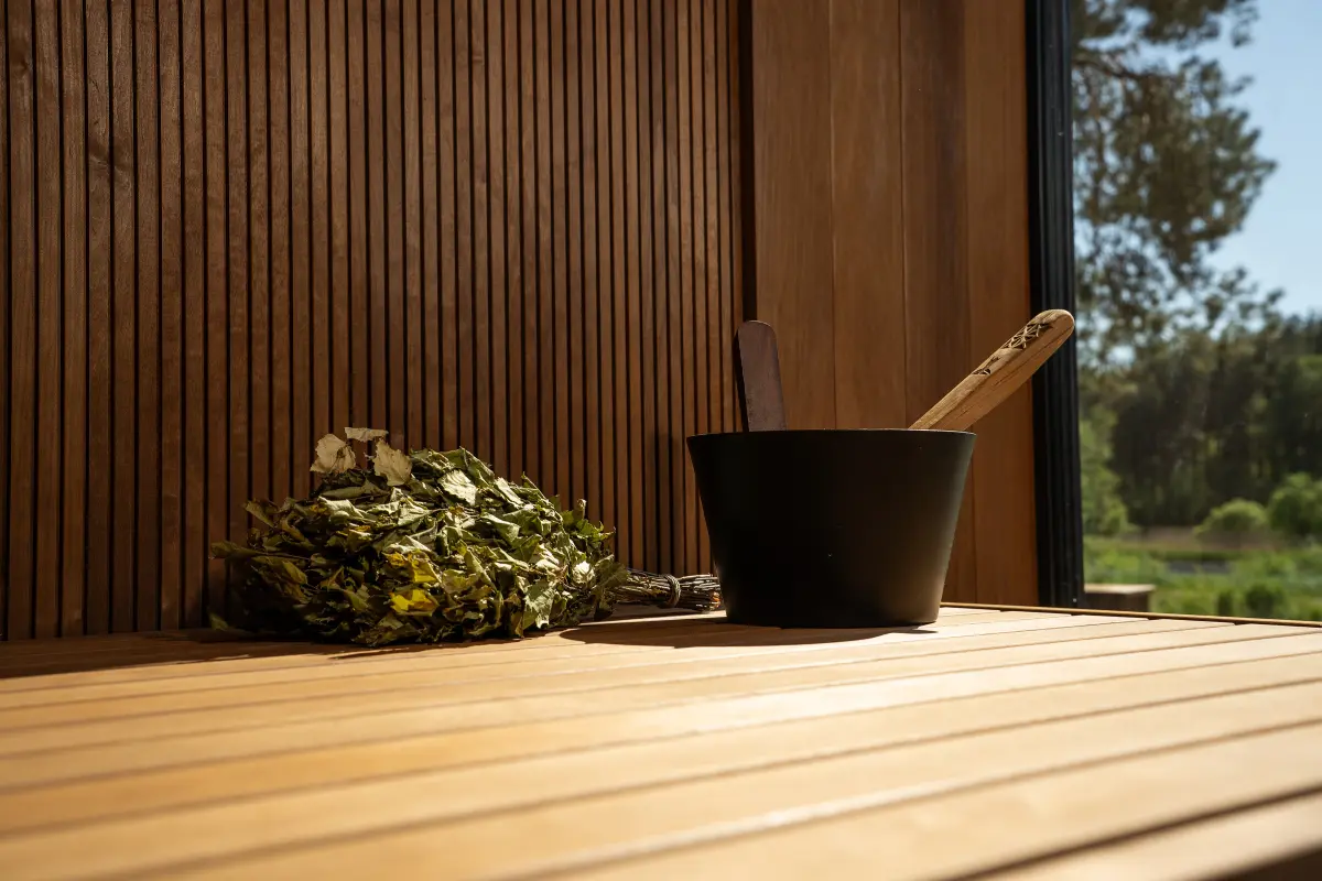Sauna interior with thermo wood cladding and benches – natural and durable solution for heat and humidity