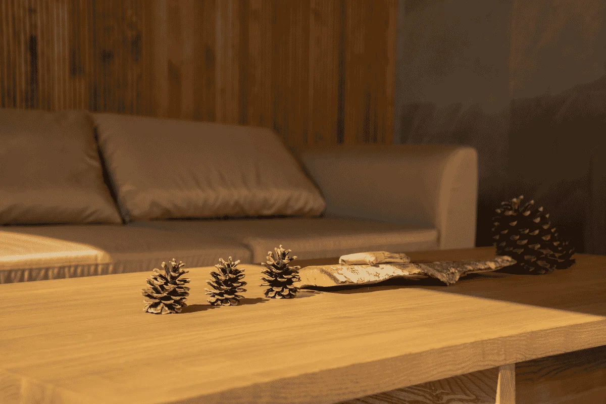 Wood cladding in a small modern living room with natural wood interior details.